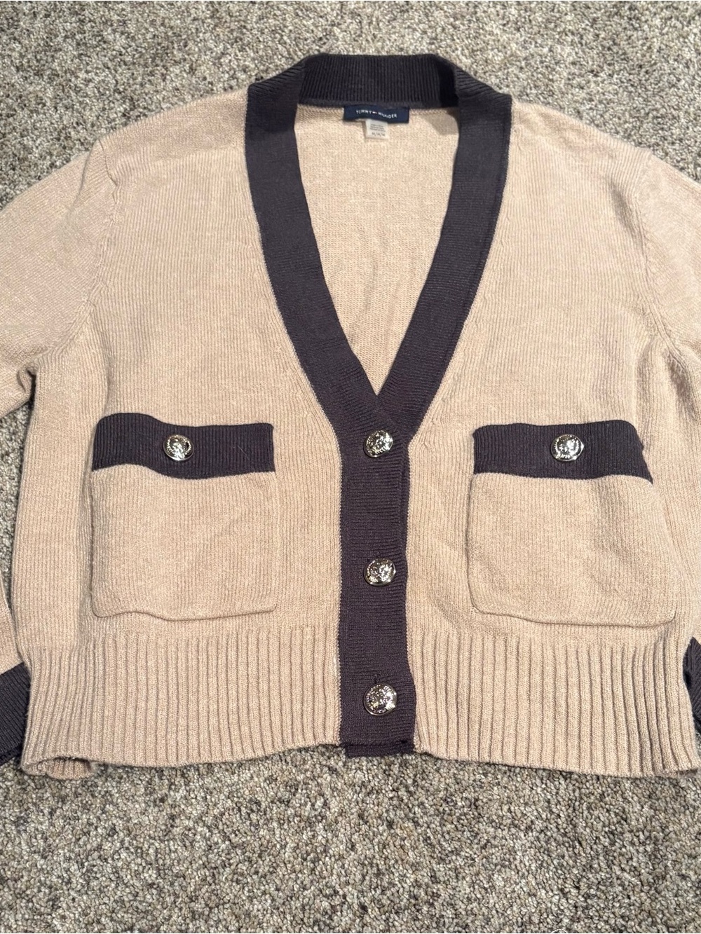 Tommy Hilfiger Beige Cardigan with Dark Brown Trim and Logo Buttons